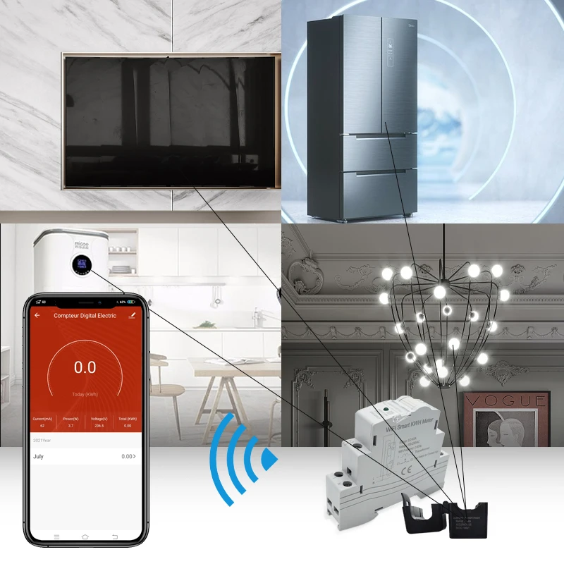 Medidor de Energía Eléctrica WiFi Smart Life KWh para Riel DIN 63A con CT, Monitoreo por App de Voltaje, Corriente y Consumo de Energía 110V 230V