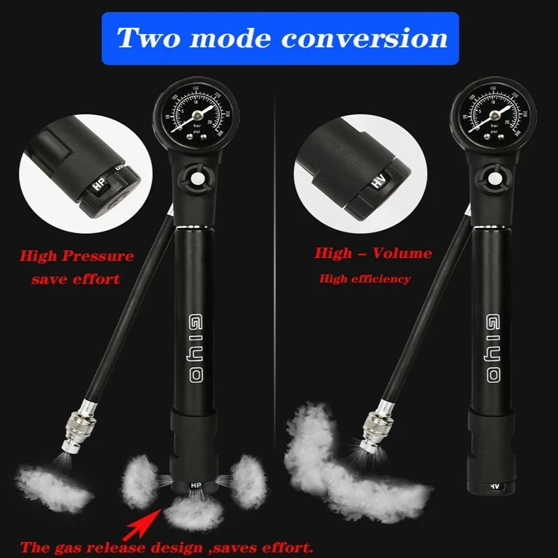Bomba de Aire para Suspensión de Bicicleta Giyo MTB 300psi con Manómetro, Inflador de Neumáticos para Bicicleta con Válvulas Schrader y Presta, Bomba para Horquilla de Bicicleta