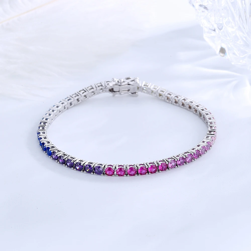 Sólido Plata 925 auténtica pulsera de tenis de circonita arcoíris de 3 mm 15/16/17/18/19/20/21 cm cadena de joyería fina bastante colorida para mujer