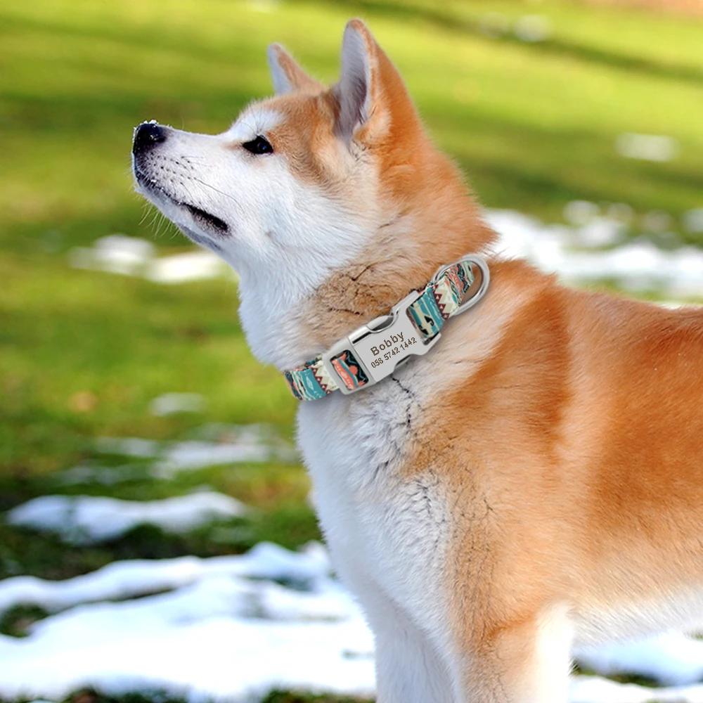 Collar de accesorios para perros personalizado, Collar para cachorros con estampado de nailon, collares de identificación para perros, identificación grabada gratis para perros pequeños, medianos y grandes