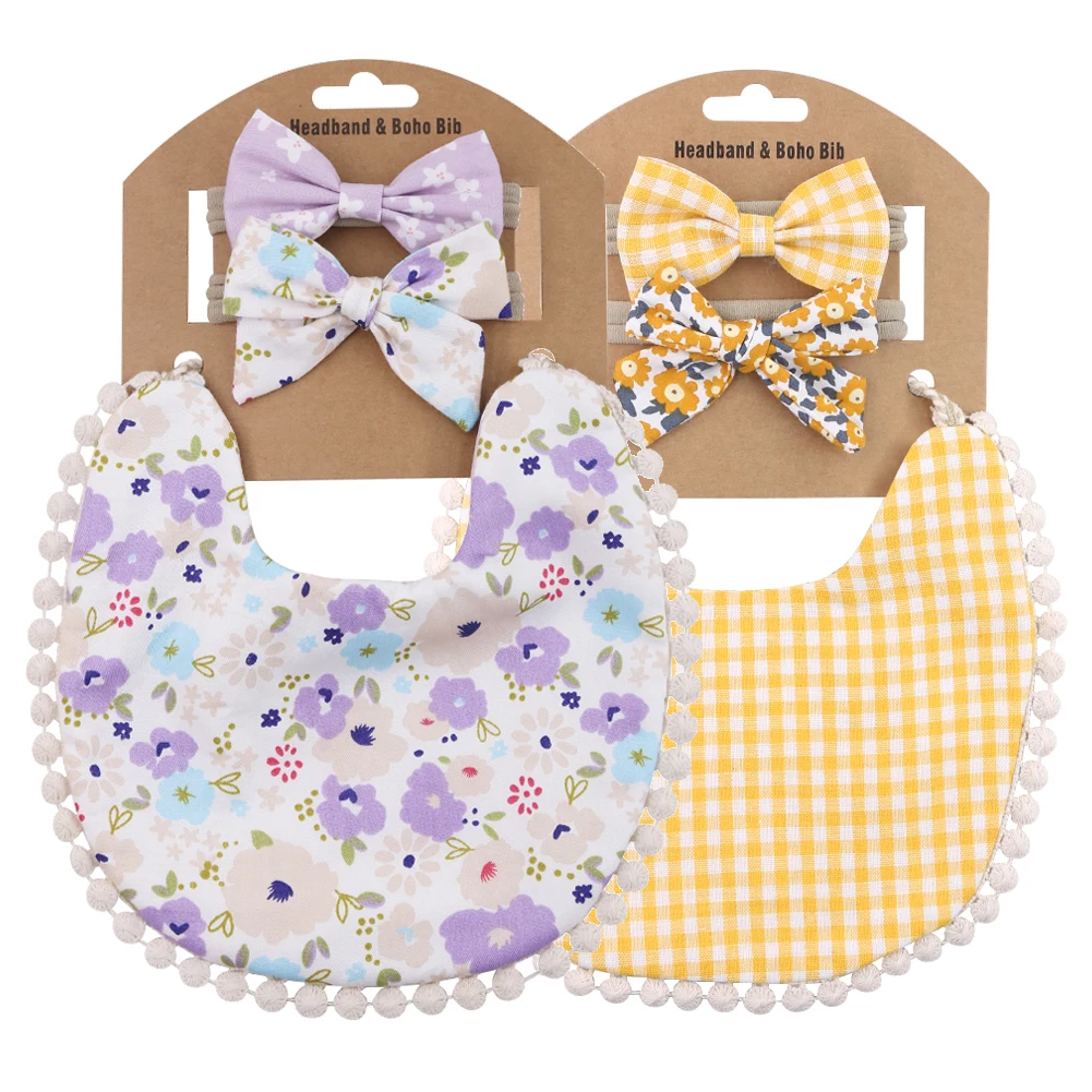 2 set/lote de Baberos bordados con estampado de flores para bebé, diademas, pajarita, bufanda, Bandana de doble cara, toalla de Saliva para niños pequeños, paño para eructar de alimentación
