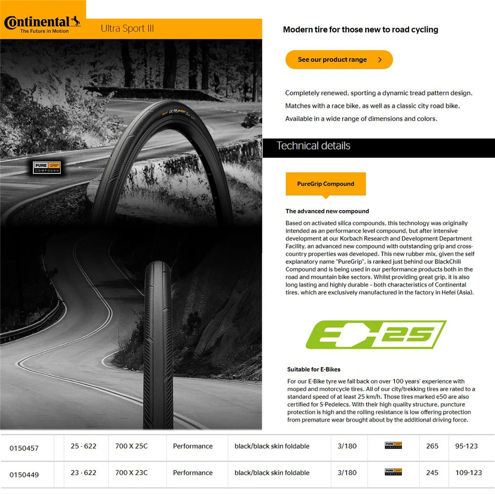 Continental Ultra Sport III 700x23/25/28c Negro Plegable PureGrip 3 Neumático de bicicleta de carretera Neumático plegable