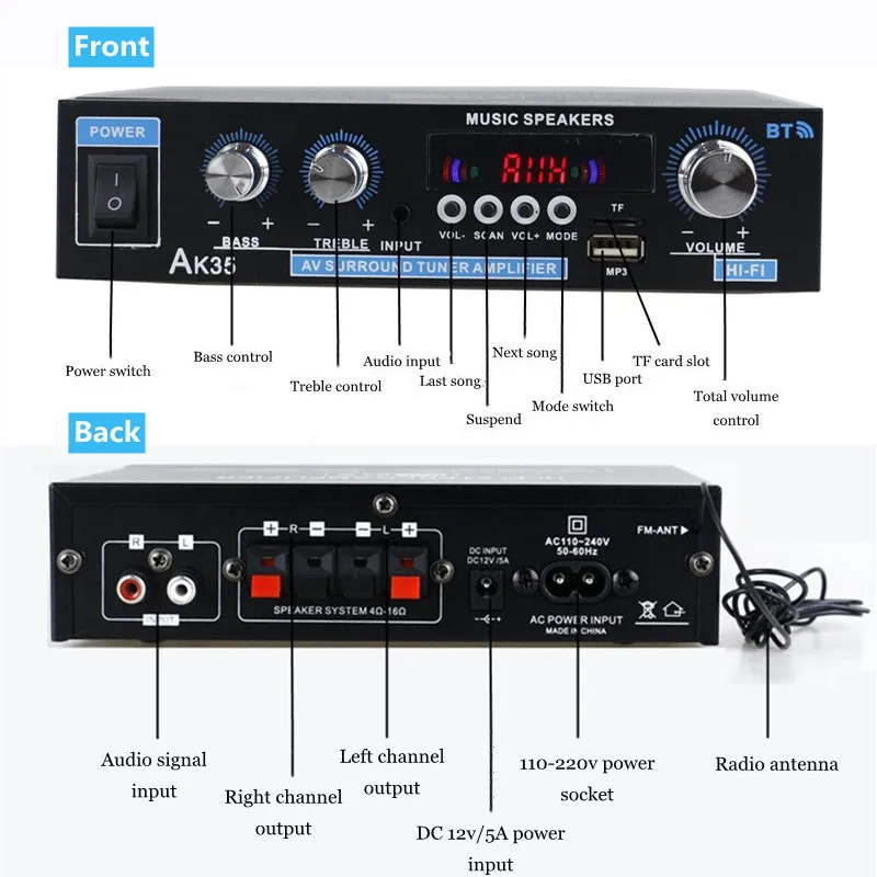 AK35 AK380 800W amplificadores de potencia para el hogar 2 canales Bluetooth 5,0 sonido envolvente FM USB Control remoto Mini amplificador Digital HIFI