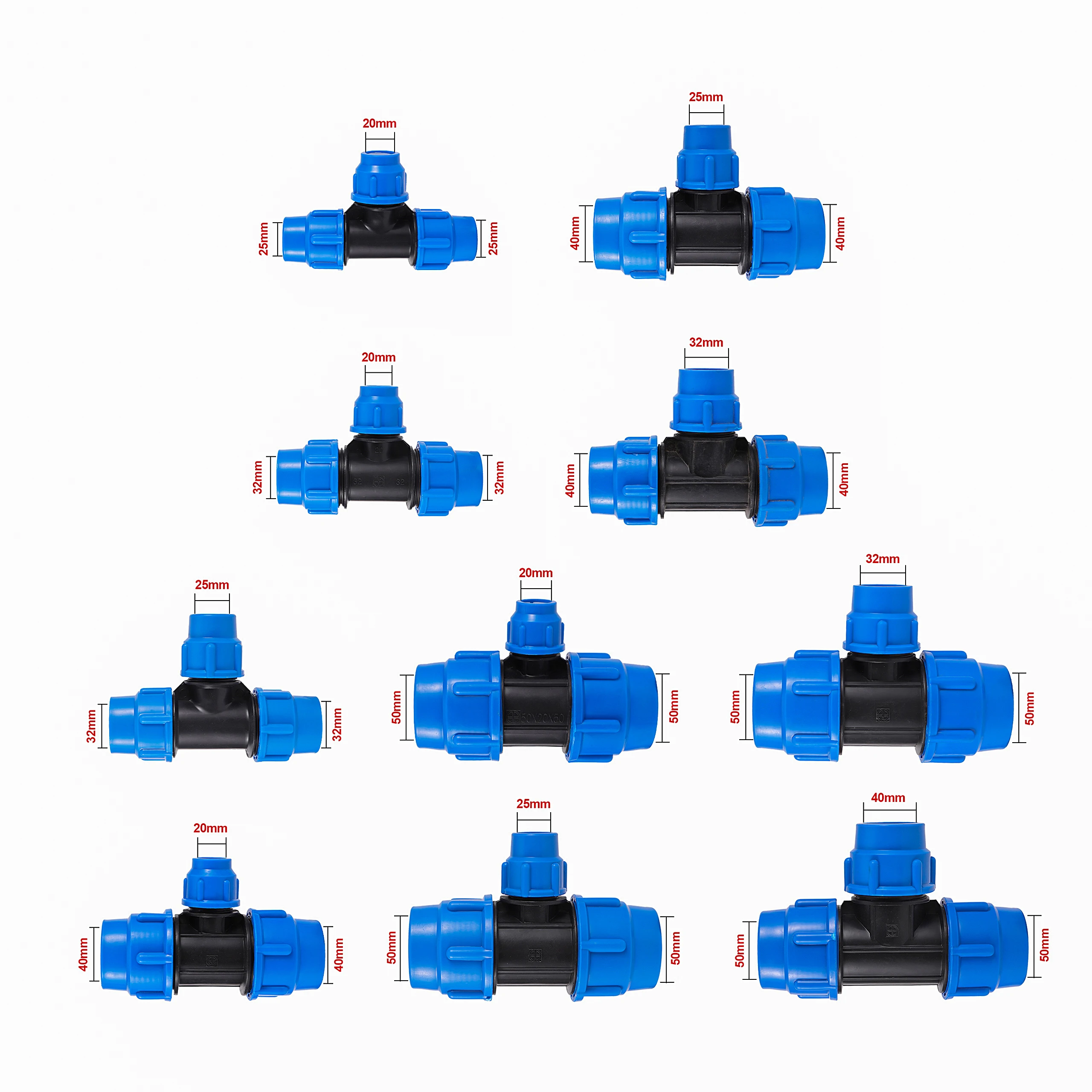Conector reductor en T de tubo de PVC PE de 20/25/32/40/50mm, divisor de agua, conector de conversión de tubería de riego de jardín agrícola, azul