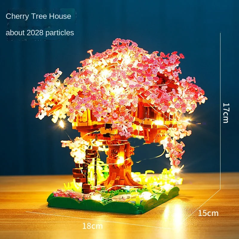 Mini juego de bloques de construcción de árbol Sakura, ladrillos de flor de cerezo artesanal con modelo de casa de árbol ligera, adorno, regalo romántico para novia