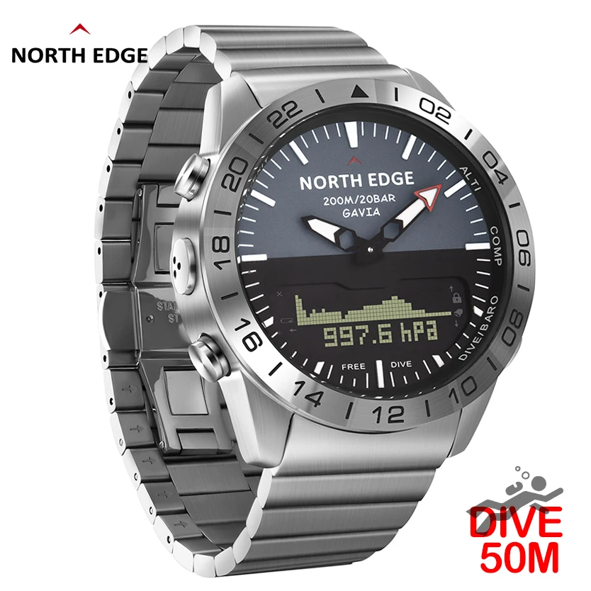 Reloj de buceo NORTH EDGE para hombre, reloj inteligente de lujo de acero completo para el ejército, brújula, altímetro, barómetro, reloj Digital resistente al agua 200m