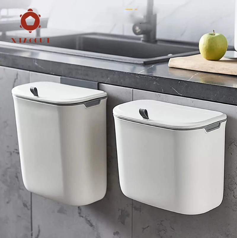 Cubo de basura montado en la pared con tapa para puerta de armario de cocina, cesta de papel colgante creativa para baño, inodoro, sala de estar, 7L/9L