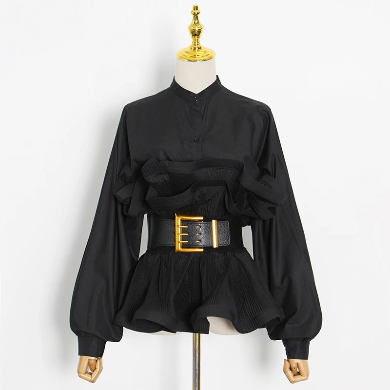 TWOTWINSTYLE-blusa elegante con volantes para mujer, Blusa de manga larga con cuello levantado, Túnica coreana, moda femenina, novedad