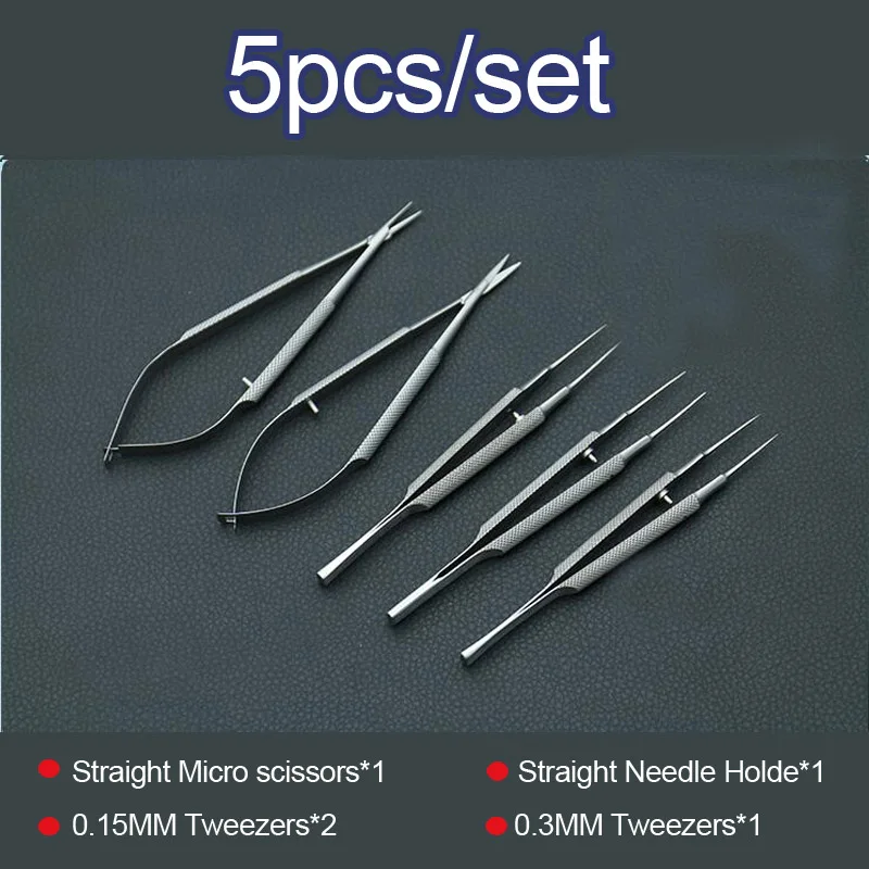 Nuevo 4 unids/set instrumentos microquirúrgicos oftálmicos 12,5 cm tijeras + porta agujas + pinzas herramienta quirúrgica de acero inoxidable