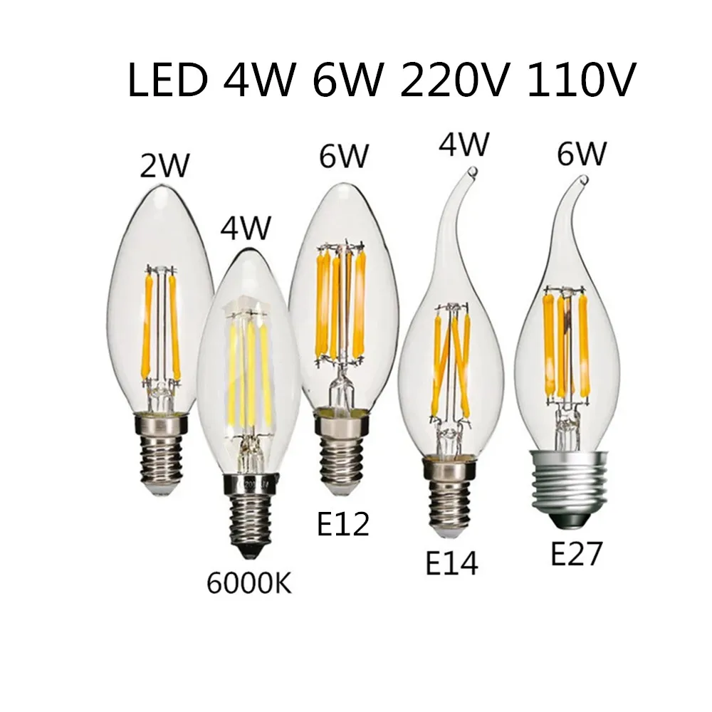 10 Uds bombilla LED C35 E14 E12 E27 220V 110V regulable 2W 4W 6W diseño vela de ahorro de energía luz de filamento blanco cálido lámpara de 360 grados