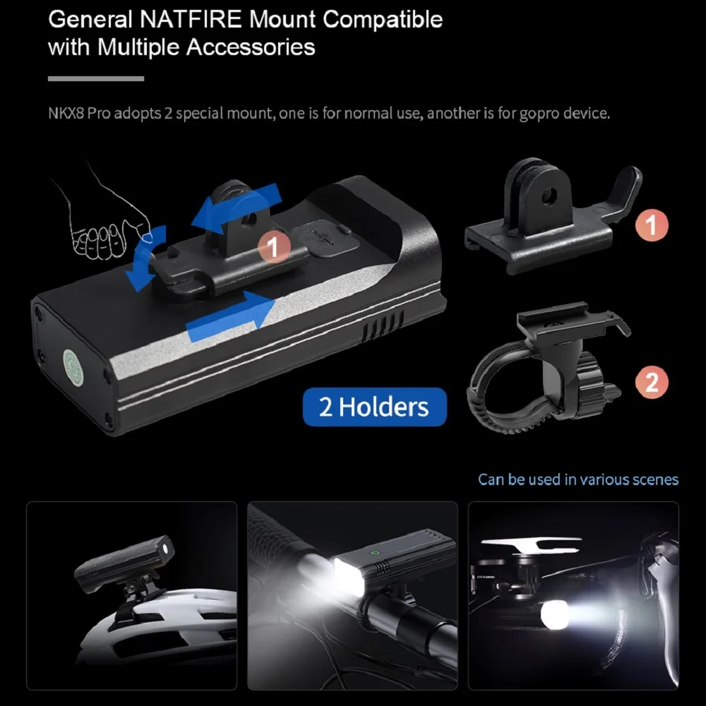 NATFIRE-luz Digital para bicicleta, 10000mAh, indicador de batería, juego de luces para bicicleta recargable por USB con 3 soportes, 8 linterna LED