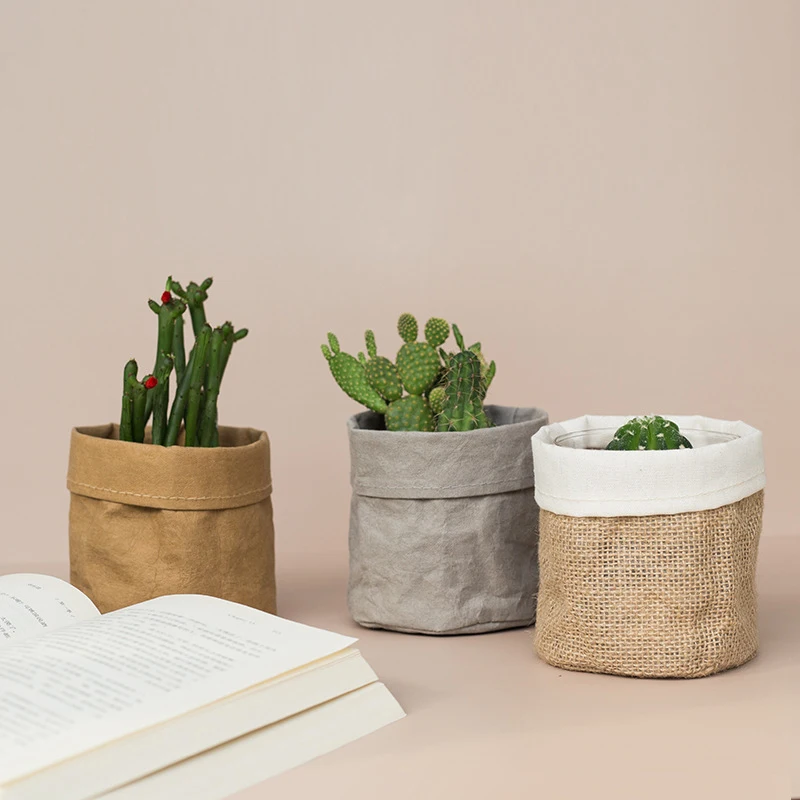 Cesta de flores de papel Kraft Retro para maquillaje de escritorio, cesta de almacenamiento de tela lavable, cubierta de maceta de flores, soporte para bolígrafos, suministros para el hogar
