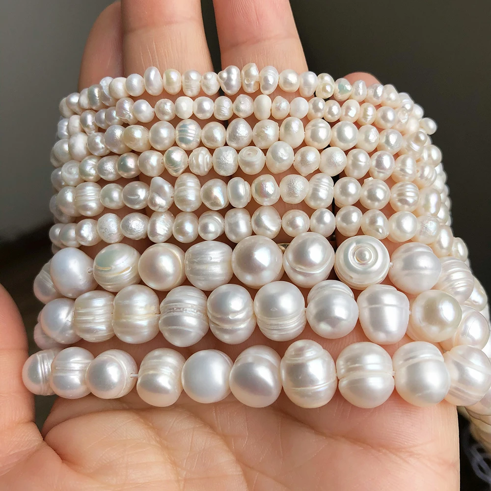 Perlas blancas naturales de agua dulce, perlas cultivadas redondas irregulares para mujer, accesorios de pulsera hechos a mano de 15 pulgadas