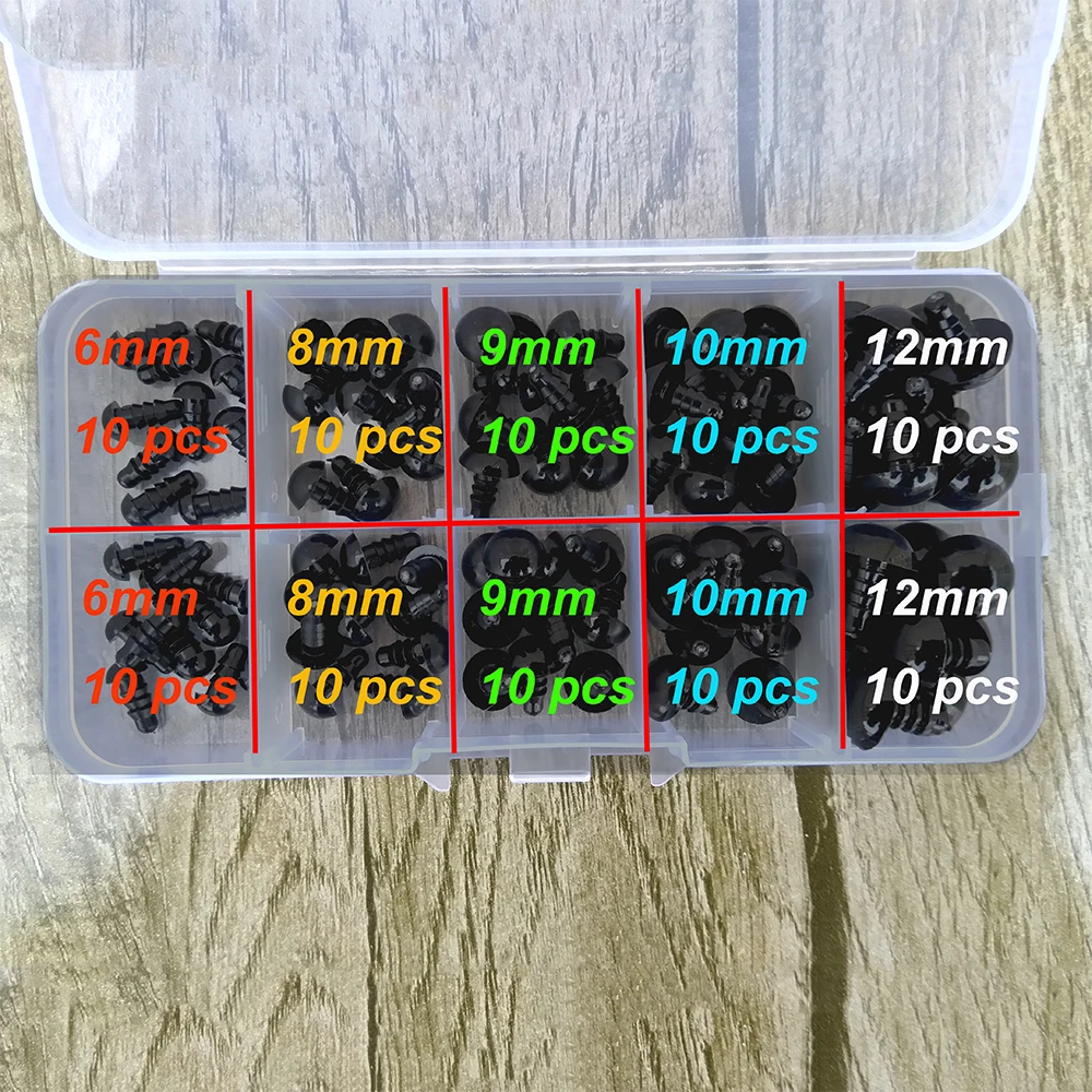 100 piezas de ojos de seguridad de plástico de 8/10/12/14 mm para juguetes, ojos de ganchillo de tamaño mixto para muñecas, accesorios para amigurumi.