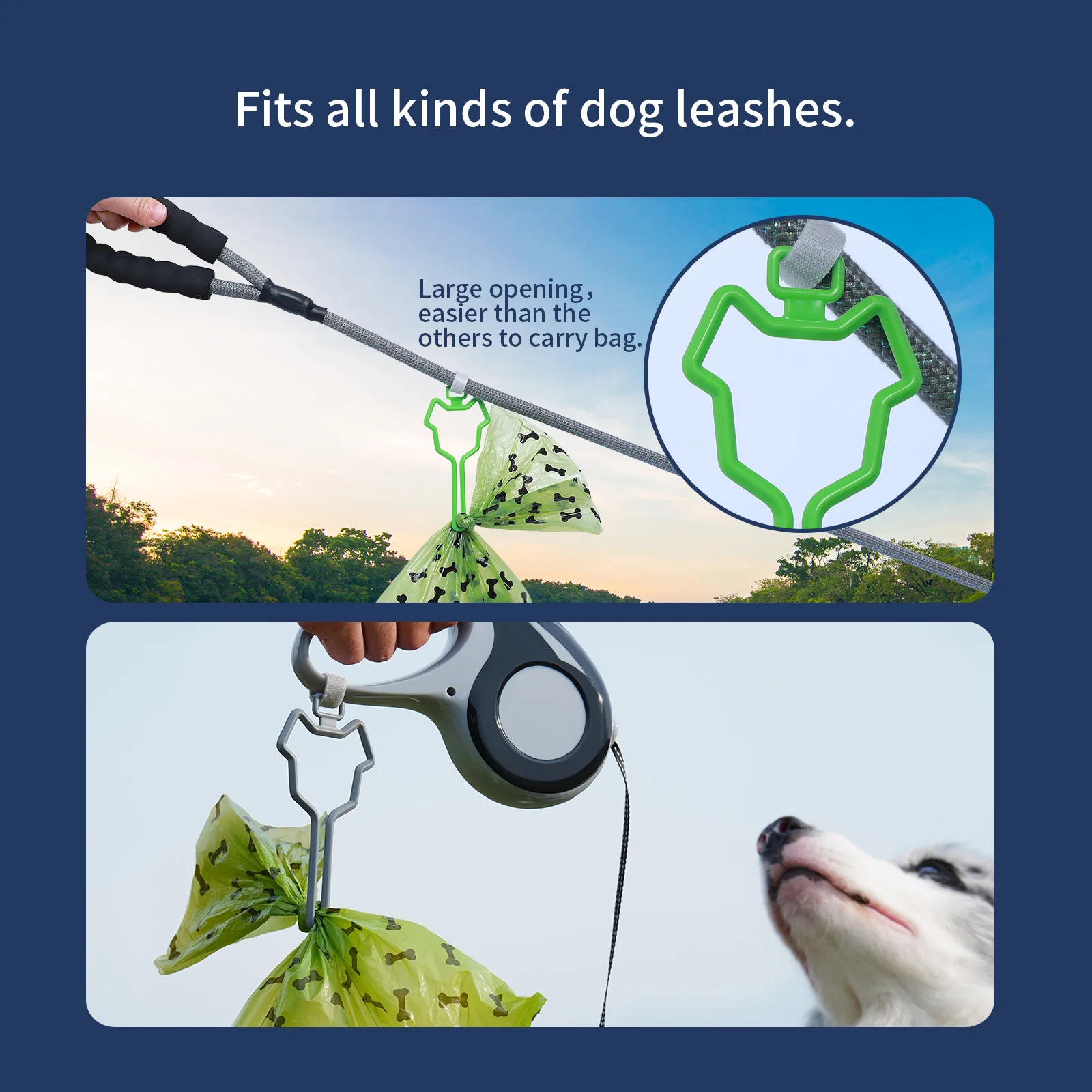 Bolsas para excrementos de perros, Clip manos libres, cuerda de tracción, dispensador de bolsas de inodoro, soporte dispensador de bolsas para excrementos de perros, suministros de limpieza para gatos