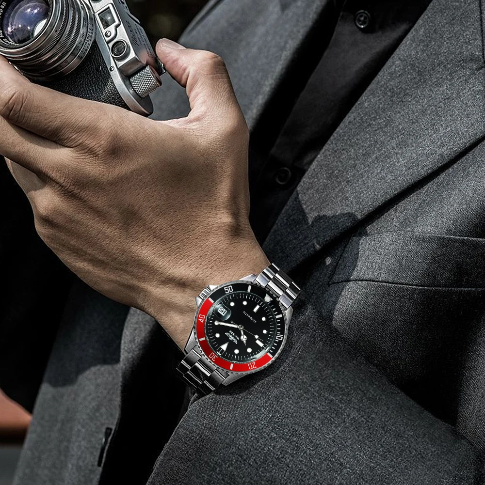 WINNER-relojes mecánicos clásicos para hombres, reloj automático de negocios de marca de lujo, bisel giratorio, esfera luminosa, correa de acero