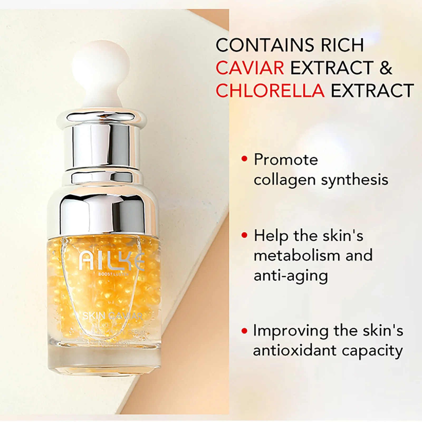 AILKE Esencia facial blanqueadora con extracto de caviar, Reduce las arrugas, líneas finas, hidrata, con suero facial de hialuronato de sodio