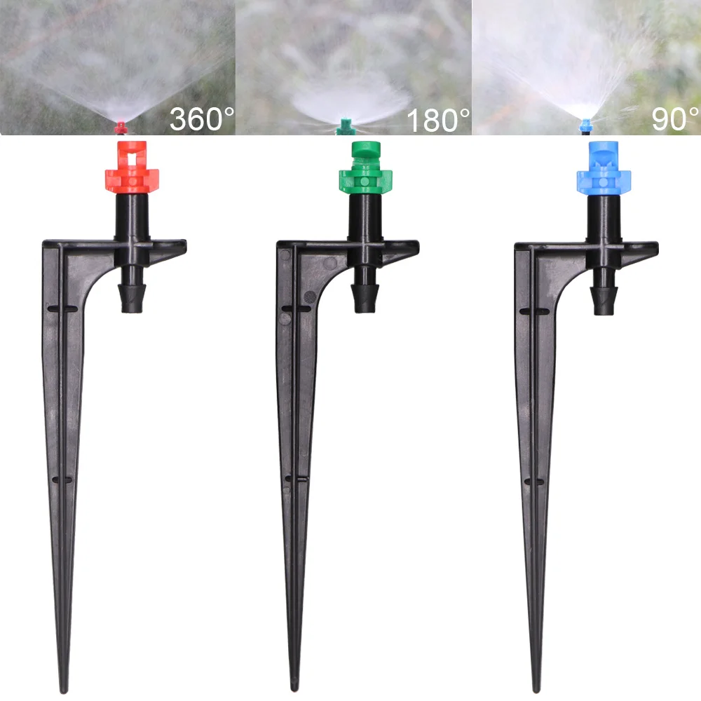 20 piezas Micro boquilla de nebulización de 90/180/360 grados, estaca de 11cm, conector de púas de 1/4 pulgadas, aspersor de riego para jardín, invernadero