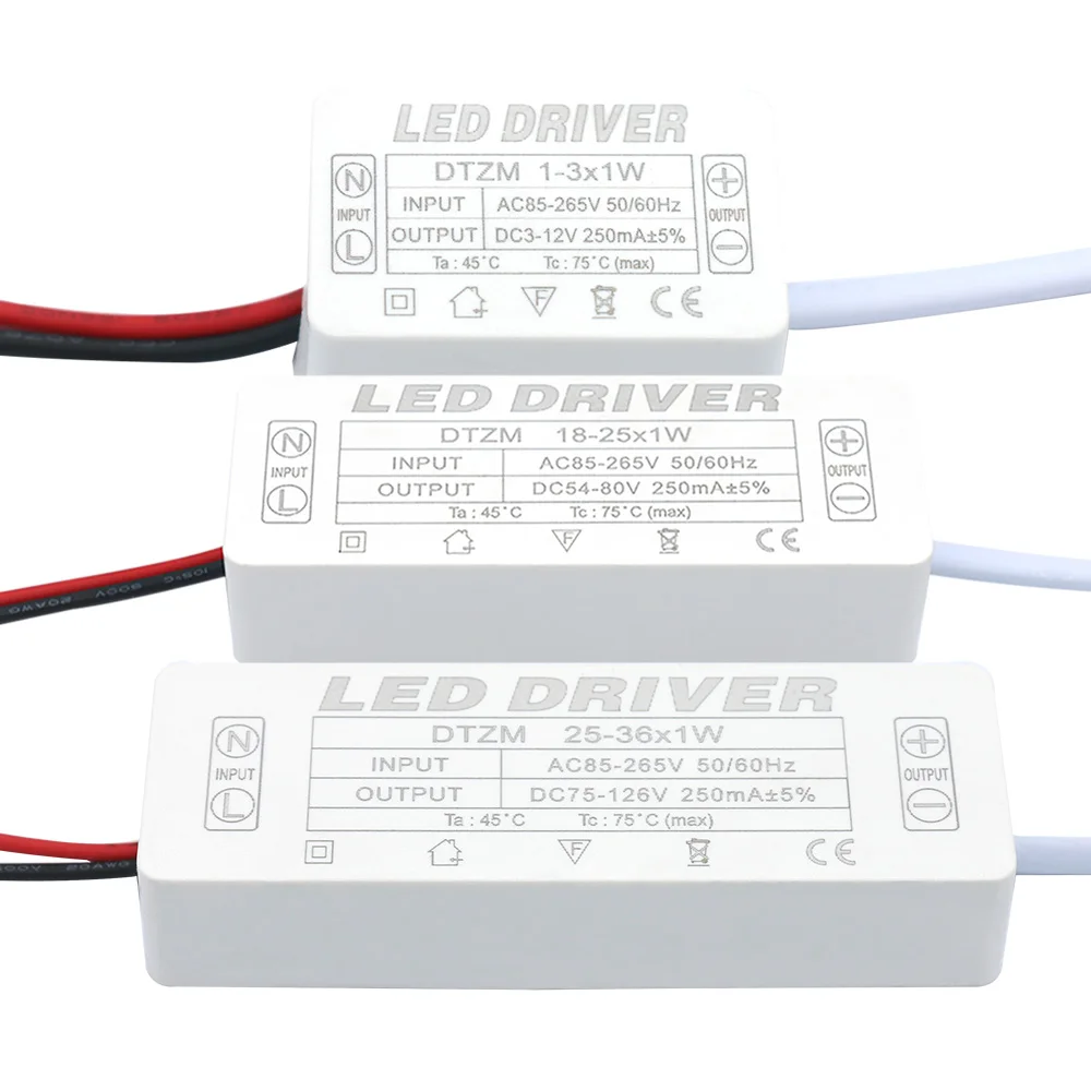 Controlador LED 250mA 1-3W 3-5W 4-7W 8-12W 12-18W 18-25W 25-36W Unidad de fuente de alimentación LED 250mA AC90-265V transformadores de iluminación para LED