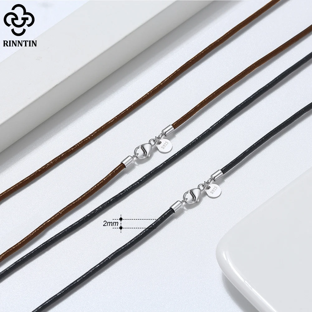 Rinntin-collar de cadena de cordón de cuero marrón italiano auténtico de 2mm para mujeres y hombres con cierre de plata de ley 925, joyería de moda SC62