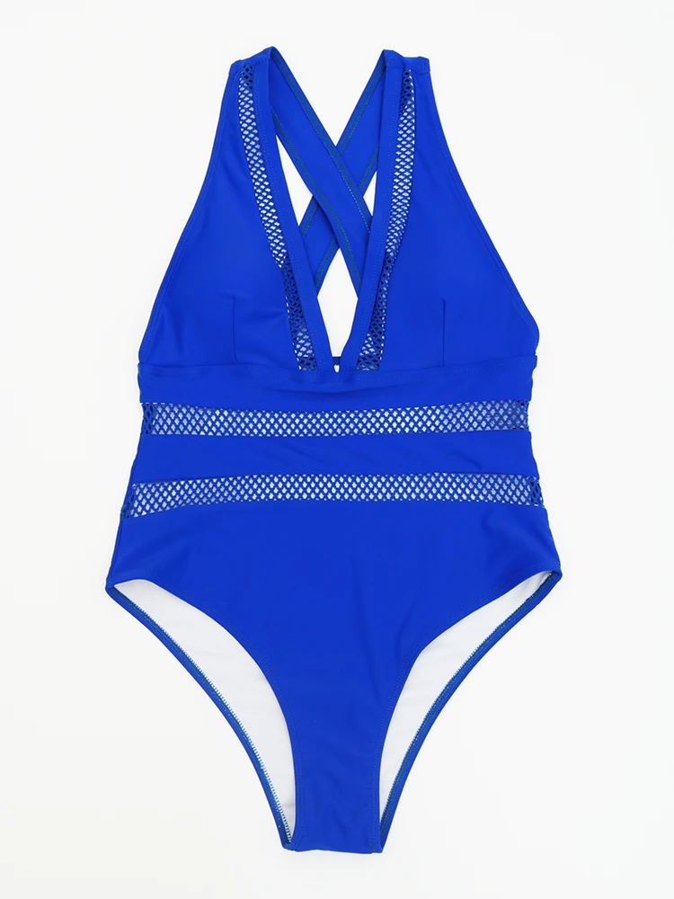 2023 nuevo traje de baño Sexy de malla de retales, traje de baño de una pieza para mujer, traje de baño femenino con cuello en V profundo, ropa de playa, Monokini Push Up para nadar