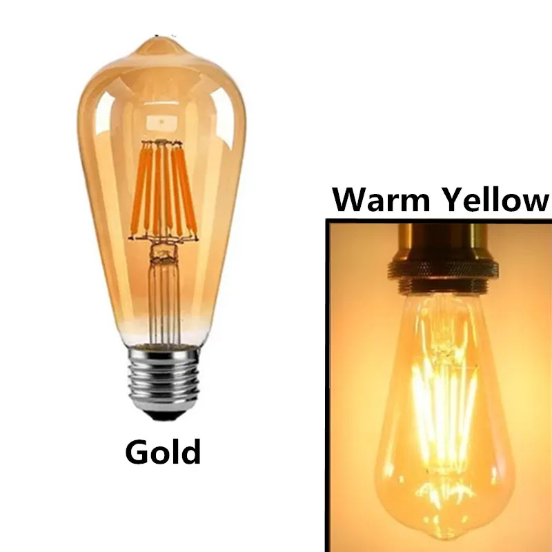 6 uds LED ST64 2W 4W 6W 8W DC 220V 110V bombilla de filamento dorado regulable E27 B22 luz Vintage Edison lámpara Retro aspecto de vidrio dorado
