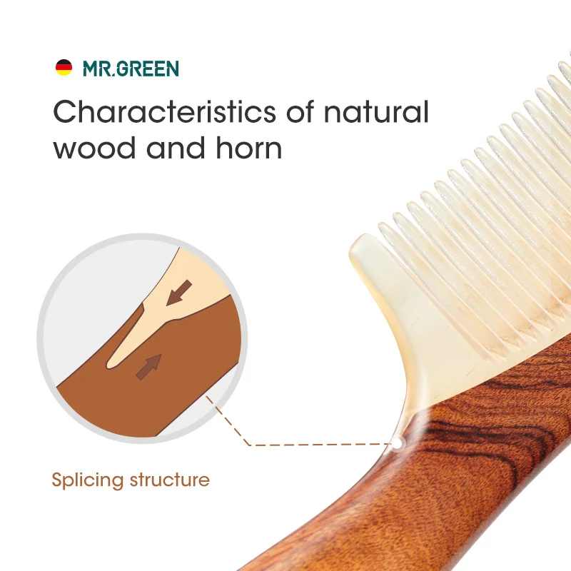 Peine MR.GREEN de Madera Natural con Estructura de Unión de Cuerno, Peine de Dientes Finos Antiestático para Masaje de Puntos de Acupuntura en la Cabeza, Regalo
