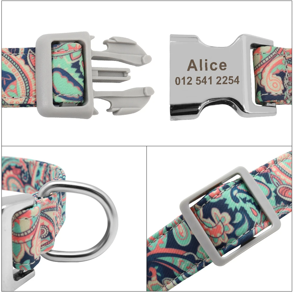Collar de accesorios para perros personalizado, Collar para cachorros con estampado de nailon, collares de identificación para perros, identificación grabada gratis para perros pequeños, medianos y grandes
