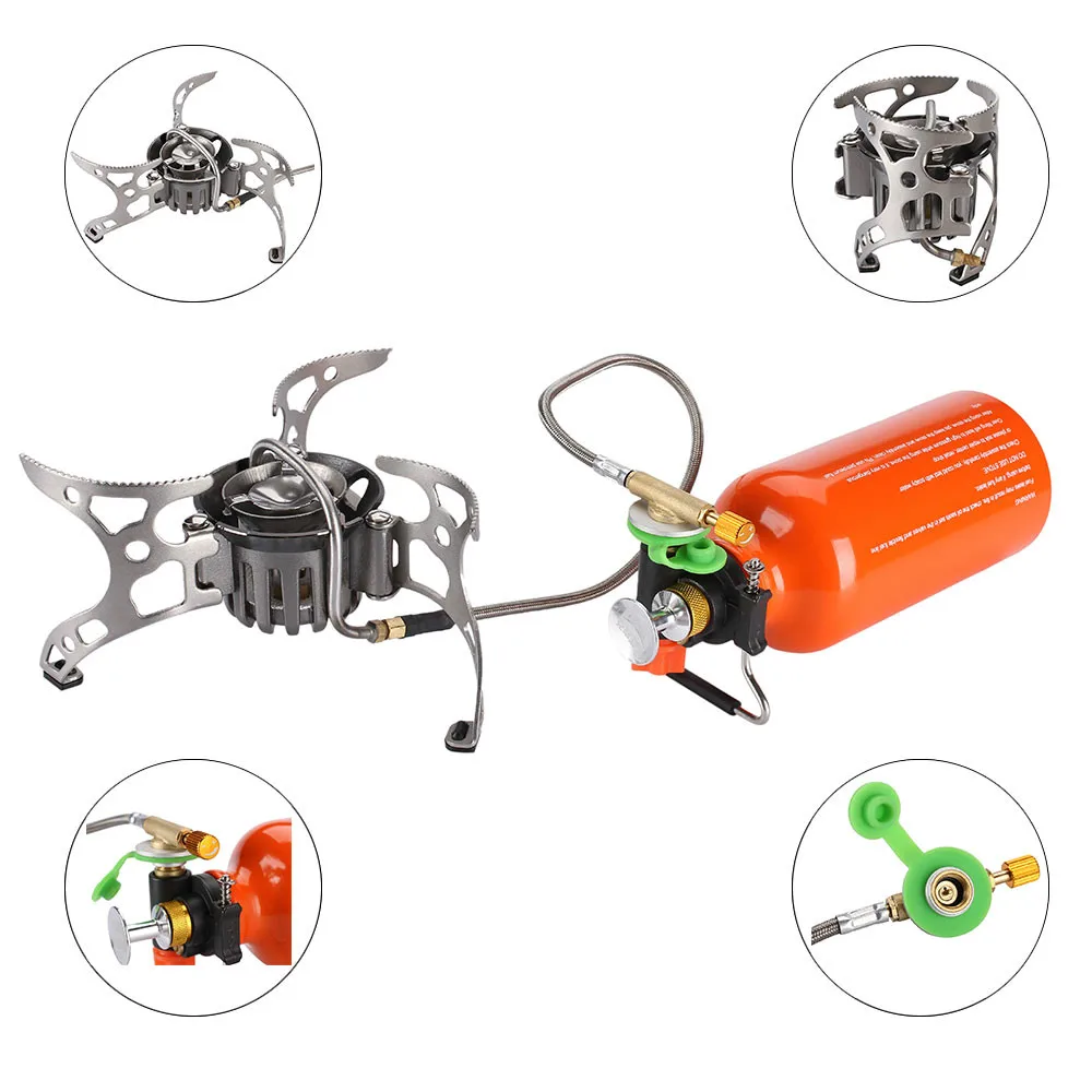 BRS-8 Estufas de camping portátiles para uso en exteriores, multiuso para aceite/gas, con una botella de combustible, utensilios de cocina plegables para senderismo, juego de quemadores para picnic.