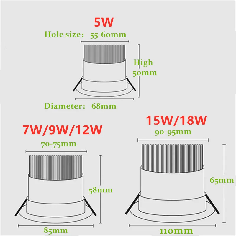 Luces LED empotradas regulables, 4 tipos, 5W, 7W, 9W, 12W, 15W, 18W, COB, lámpara de techo, focos redondos de AC110-220V
