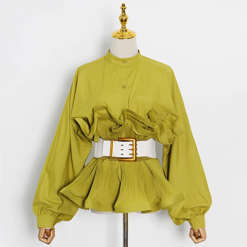 TWOTWINSTYLE-blusa elegante con volantes para mujer, Blusa de manga larga con cuello levantado, Túnica coreana, moda femenina, novedad