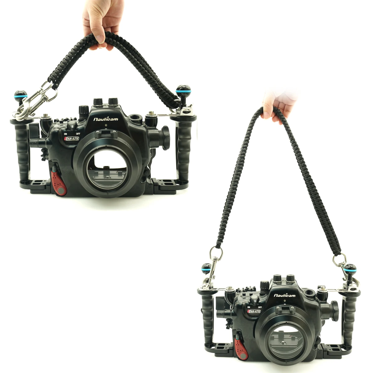 Carcasa para cámara subacuática, cordón de transporte, cuerda de paracaídas de grado militar, funda impermeable, mango suave con 2 piezas de acero inoxidable 316