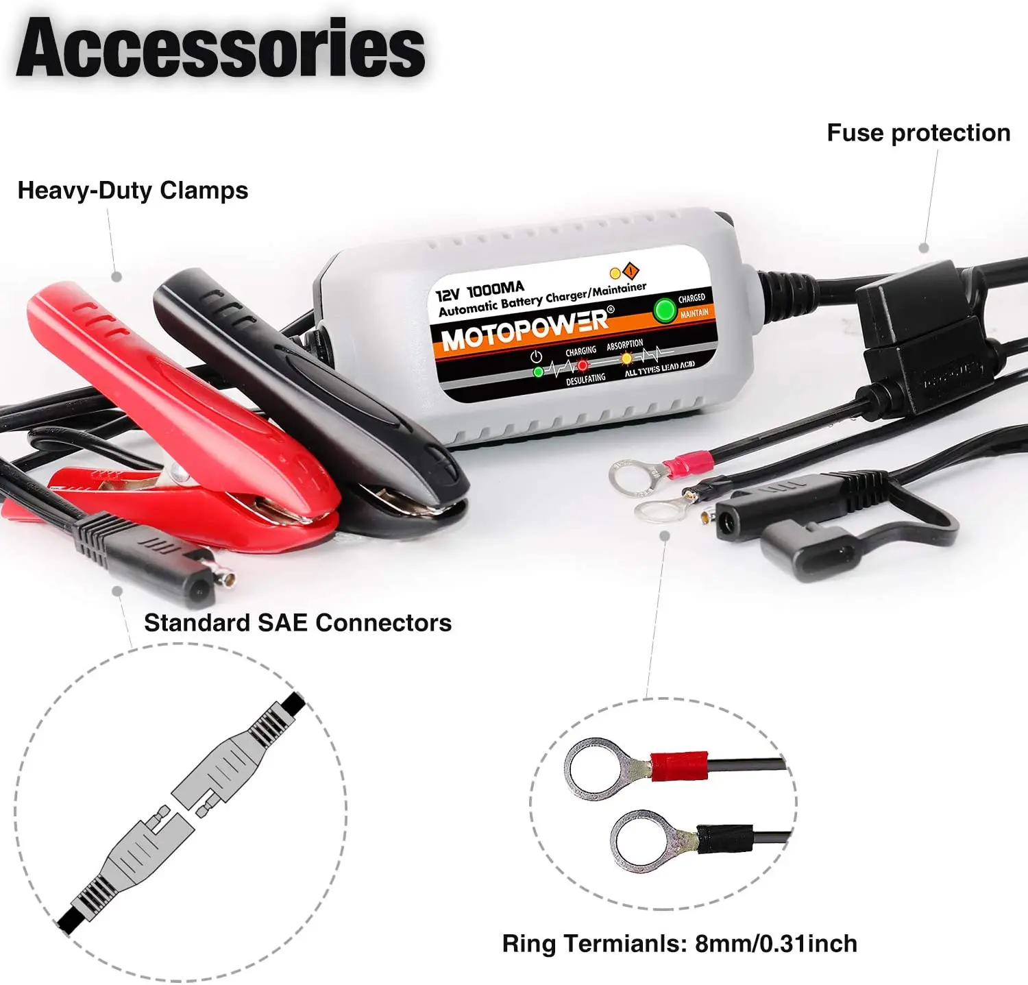 MOTOPOWER MP00205B 12V 1000mA Cargador/Mantenedor de batería completamente automático
