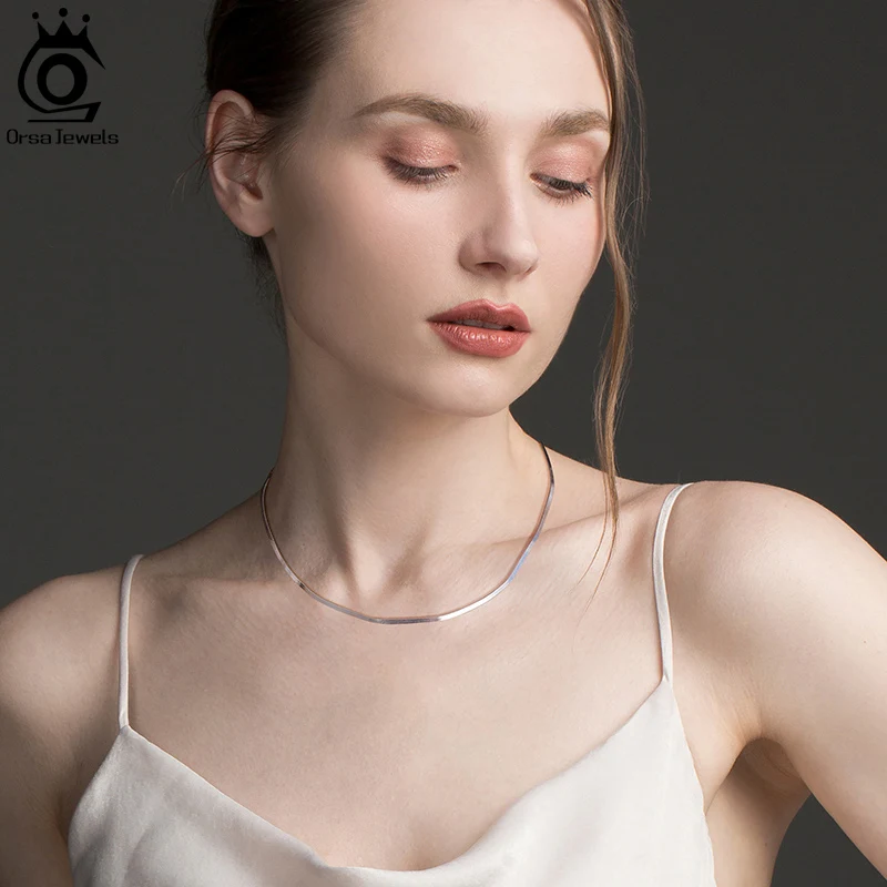 ORSA JEWELS-collar de cadena plana Flexible de oro de 3mm para mujer, de Plata de Ley 925, cadena de serpiente en espiga, joyería para el cuello SC35