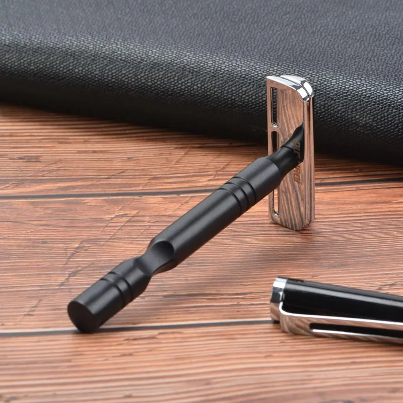 YAQI-navaja de afeitar para hombre, máquina de afeitar de seguridad con mango de aluminio de Color cromo y negro, peso ligero, cuchilla de CA Excalibur de un solo filo