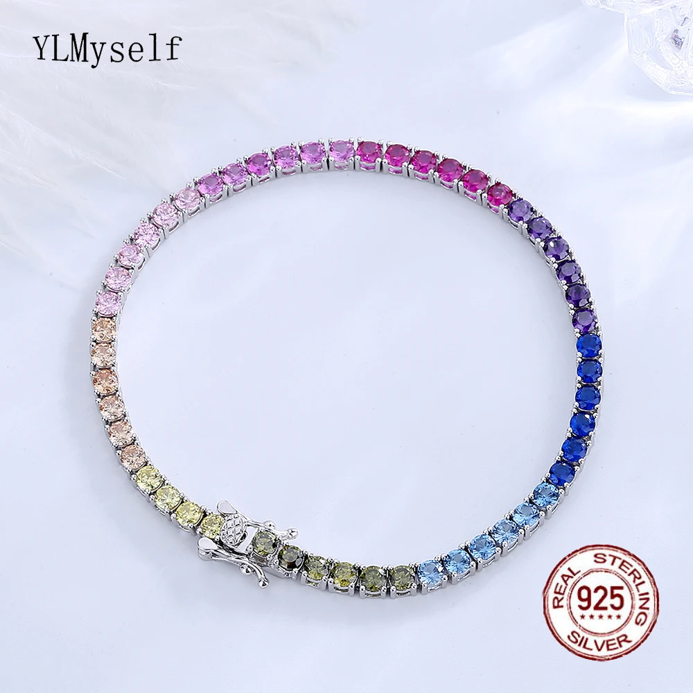 Sólido Plata 925 auténtica pulsera de tenis de circonita arcoíris de 3 mm 15/16/17/18/19/20/21 cm cadena de joyería fina bastante colorida para mujer
