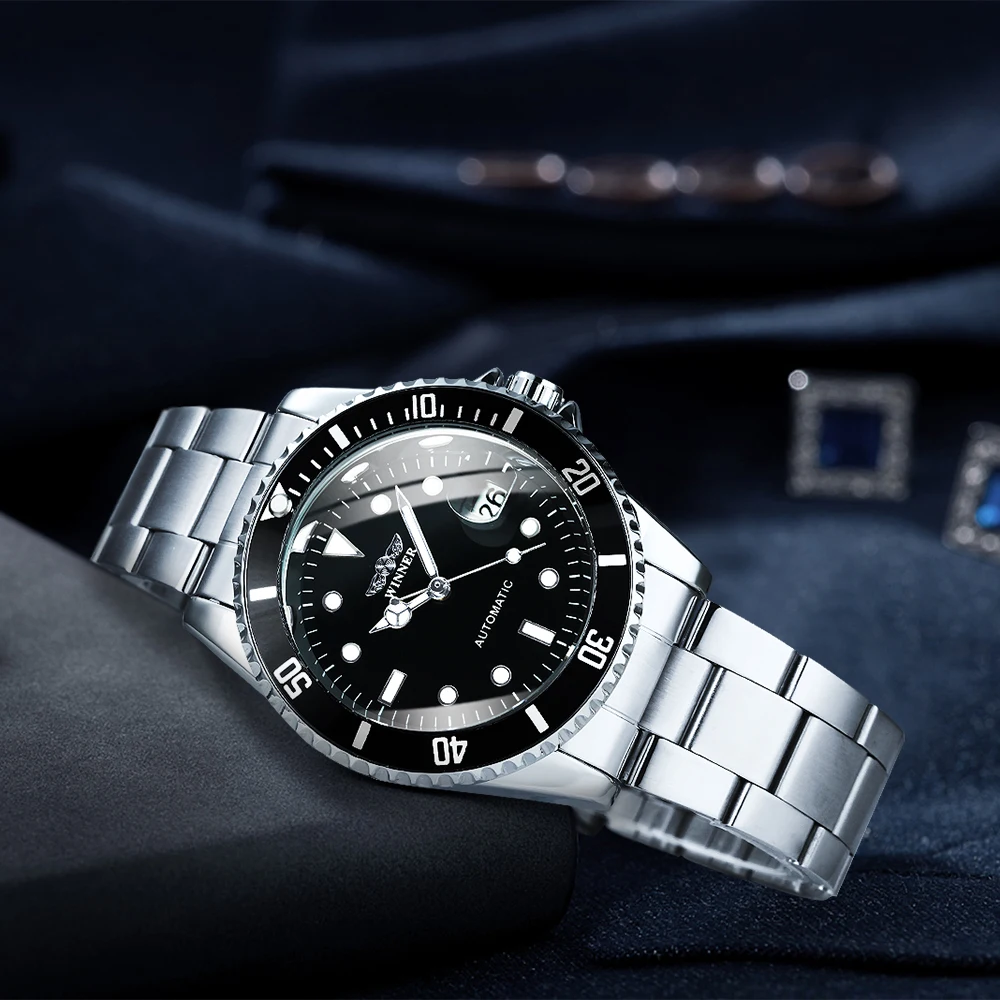 WINNER-relojes mecánicos clásicos para hombres, reloj automático de negocios de marca de lujo, bisel giratorio, esfera luminosa, correa de acero