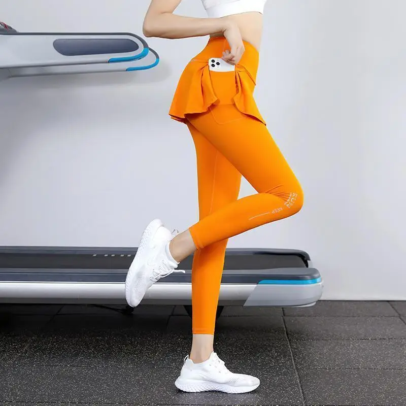 Legging de cintura alta, ropa de gimnasia elástica de nailon, entrenamiento, correr, ropa deportiva, pantalones de Yoga, entrenamiento de levantamiento de cadera, dos faldas + Pantalones falsos