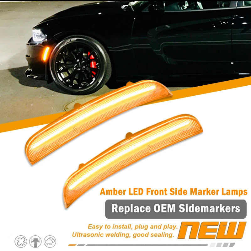 Kit de luces de posición lateral LED completo para parachoques delantero/trasero ámbar/rojo iJDM para Dodge Charger 2015-up, reemplaza las lámparas de marcador lateral OEM de 12V