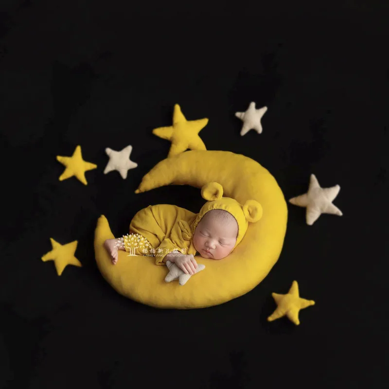 Accesorios de fotografía para recién nacido, hecho a mano fieltro de lana, Estrella y Luna, joyería de bebé hecha a mano, decoración de fiesta en casa, 5 piezas por juego