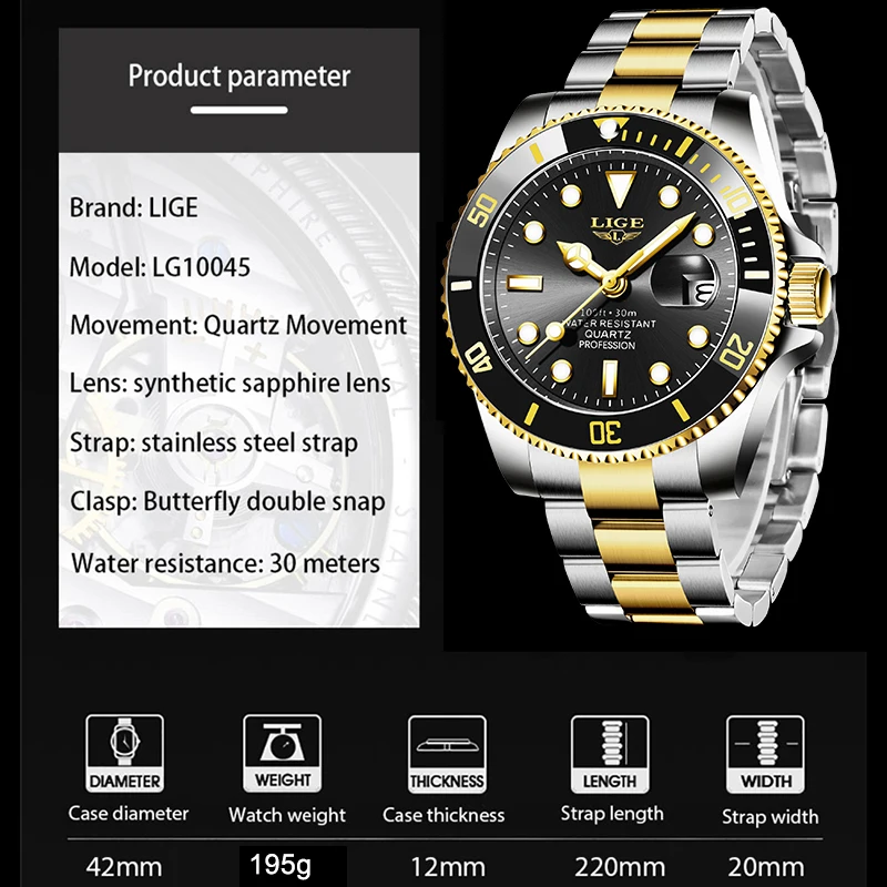 Reloj LIGE, Reloj de buceo a la moda de lujo de la mejor marca, Reloj de fecha resistente al agua para hombre, relojes deportivos, Reloj de pulsera de cuarzo para hombre, Reloj Masculino