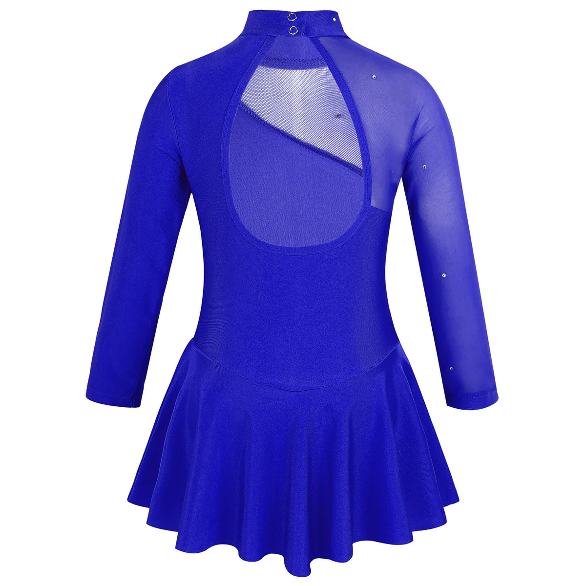 Vestido de patinaje sobre hielo de manga larga para niñas, malla transparente con diamantes de imitación, leotardo de baile de Ballet, vestidos de patinaje sobre ruedas huecos de tul