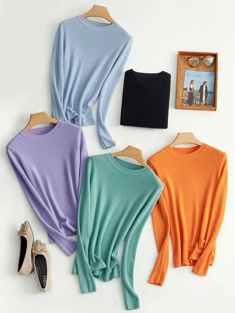 SuyaDream invierno 2021 100% lana cuello liso jerseys 2021 Otoño Invierno básico suéteres para mujer de colores de caramelo