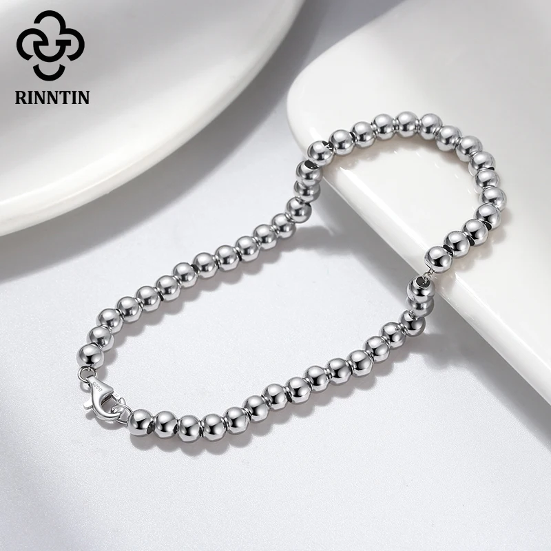 Rinntin-pulsera de plata de ley 925 para hombre y mujer, brazalete de cadena con cuentas de 4mm, hecho a mano, joyería SB103