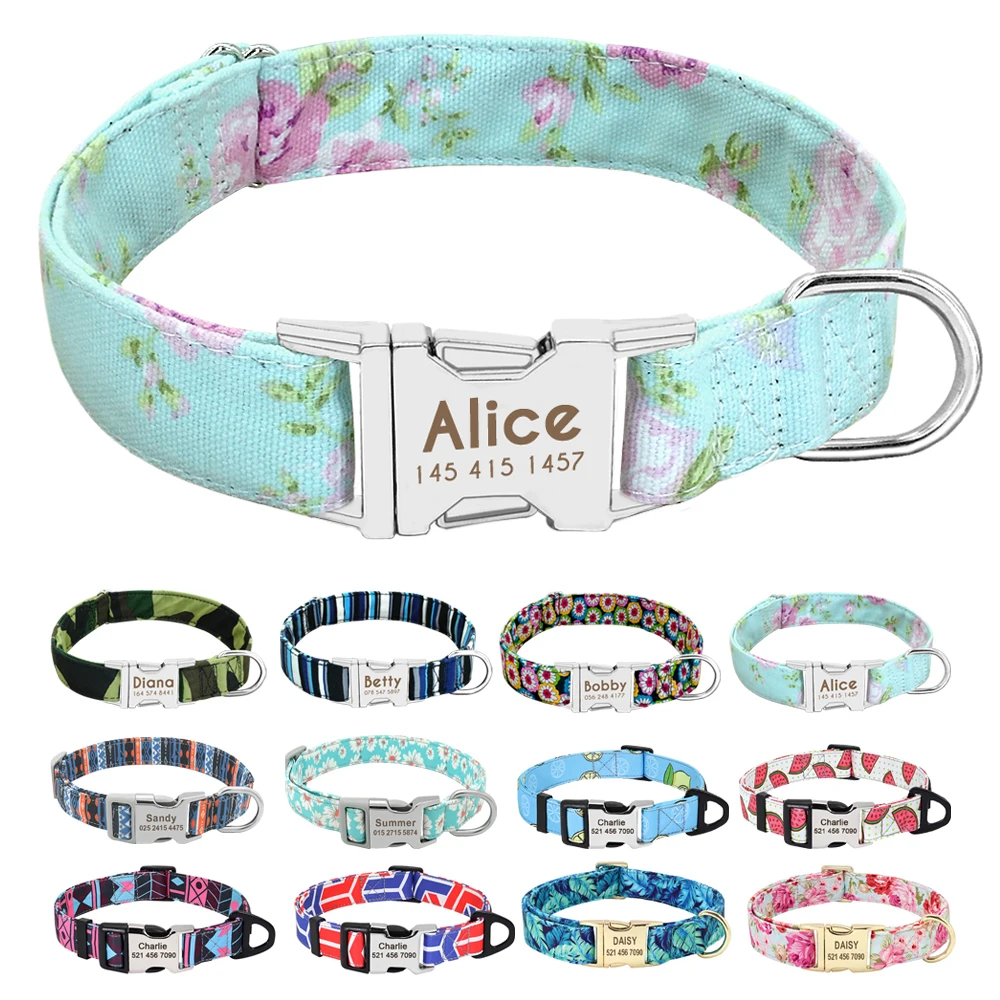 Collar de accesorios para perros personalizado, Collar para cachorros con estampado de nailon, collares de identificación para perros, identificación grabada gratis para perros pequeños, medianos y grandes