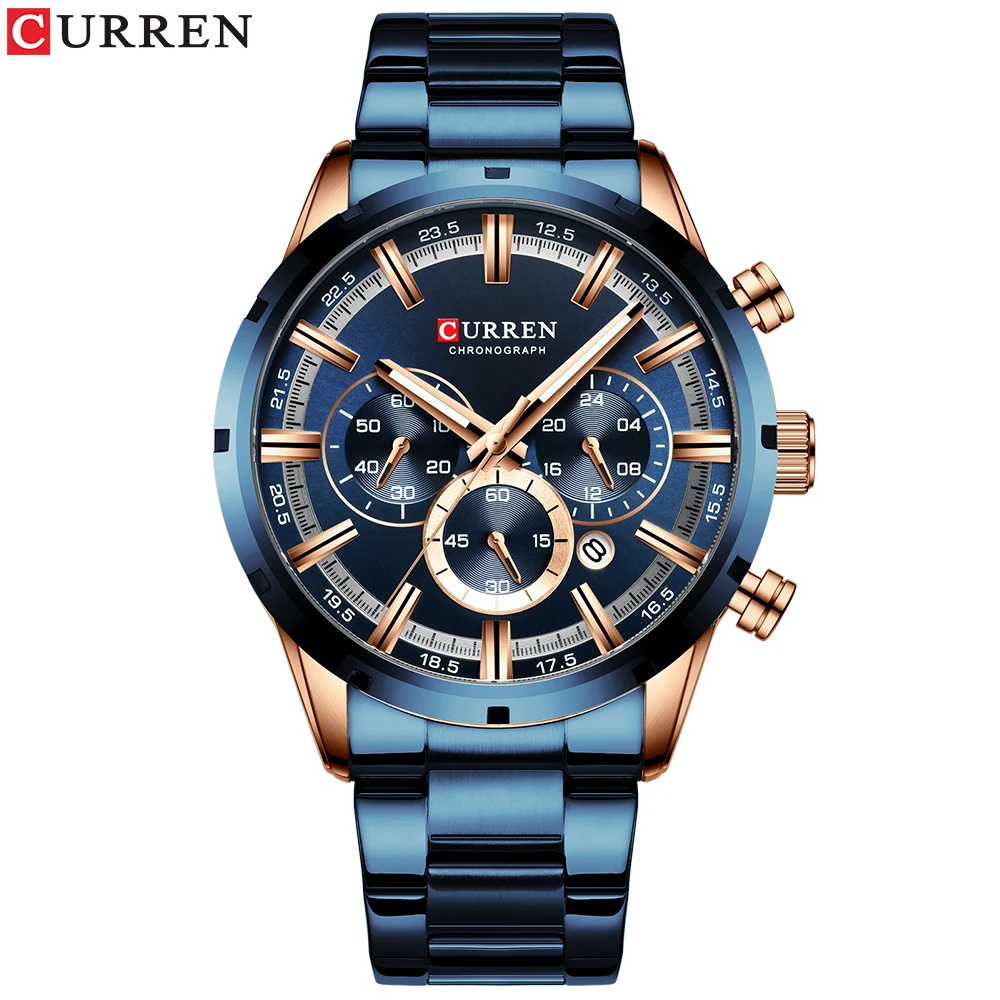 Reloj Curren para hombre, esfera azul, banda de acero inoxidable, fecha, relojes de negocios para hombre, relojes de pulsera de lujo resistentes al agua para hombre