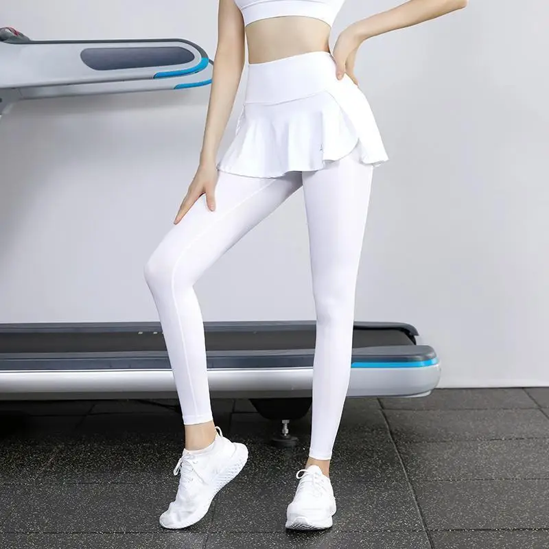 Legging de cintura alta, ropa de gimnasia elástica de nailon, entrenamiento, correr, ropa deportiva, pantalones de Yoga, entrenamiento de levantamiento de cadera, dos faldas + Pantalones falsos