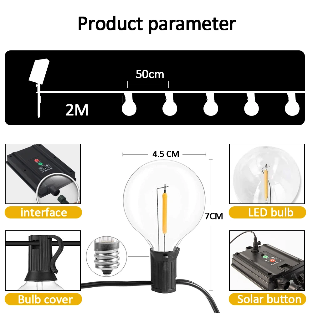 Guirnaldas de luces alimentadas por energía Solar para exteriores, 12M, 30 LEDS, G40, luces colgantes de globo impermeables con energía Solar y USB, inastillables