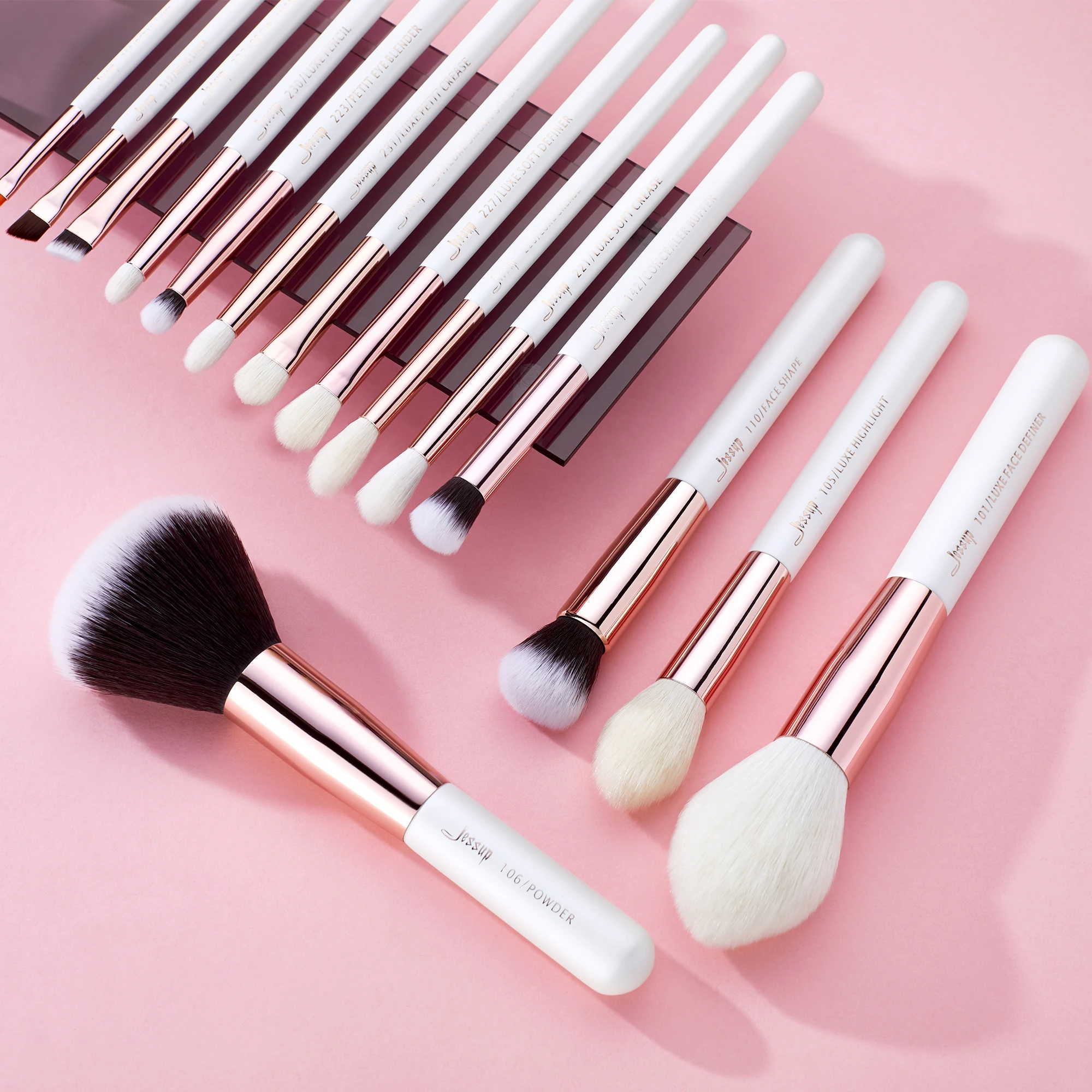 Jessup-Juego de brochas de maquillaje profesionales, 15 piezas, brocha de maquillaje Natural-sintético, base en polvo, detalle de ojos, blanco perla T222