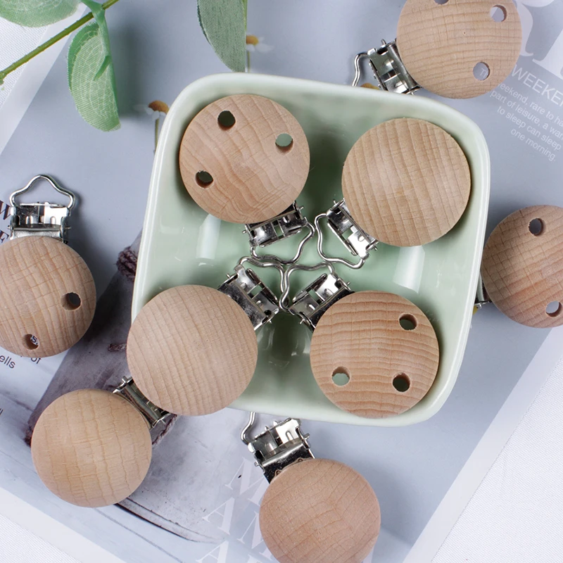 20 unids/lote Clip de madera para chupete, Clips para chupete de haya, Clips masticables para dentición, cadenas con Clip para chupete, mordedor para bebé, accesorios de lactancia